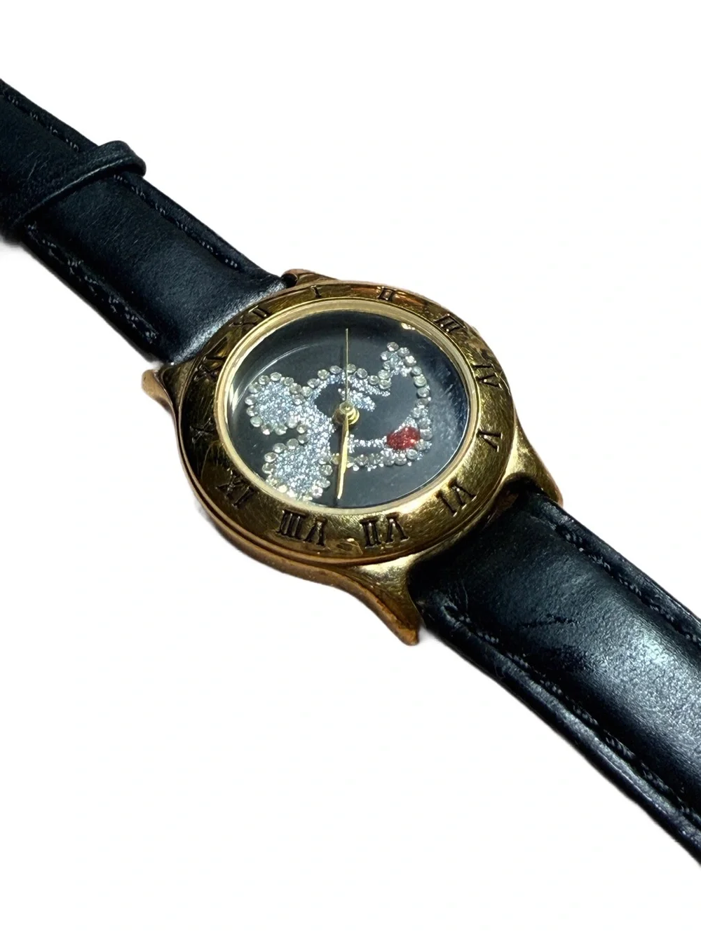 Vintage Disney Timeworks Mickey Mouse Watch Black Leather Gold-Tone Rhinestone